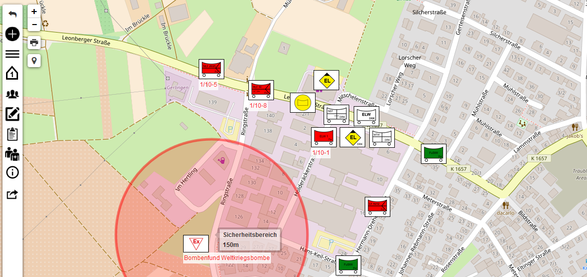 Lagekarte in Mobile-Lagekarte mit taktischen Zeichen auf einer Straßenkarte